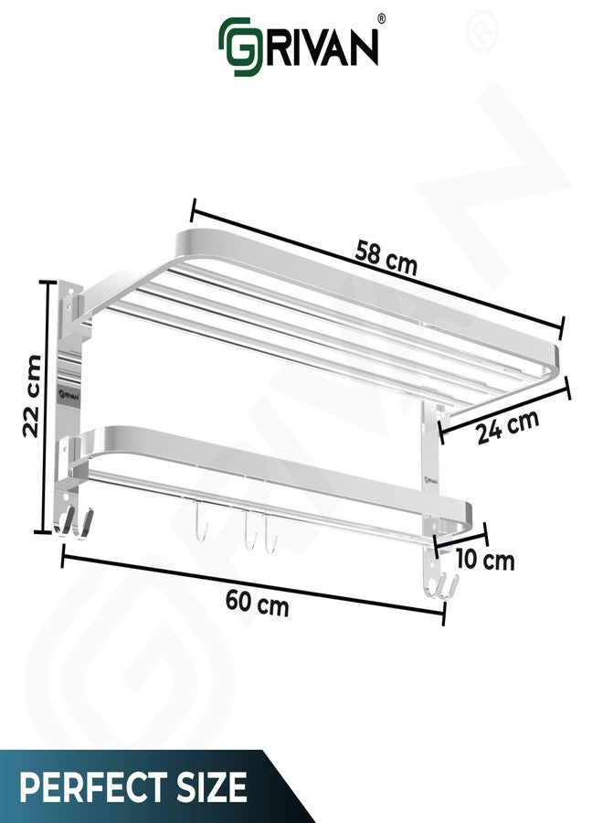 GRIVAN Stainless Steel 24 Inch Folding Towel Rack with Multiple Hooks | Bathroom Shelf, Hanger, Stand & Wall Mount Accessories (Silver Chrome Finish) - Image 2